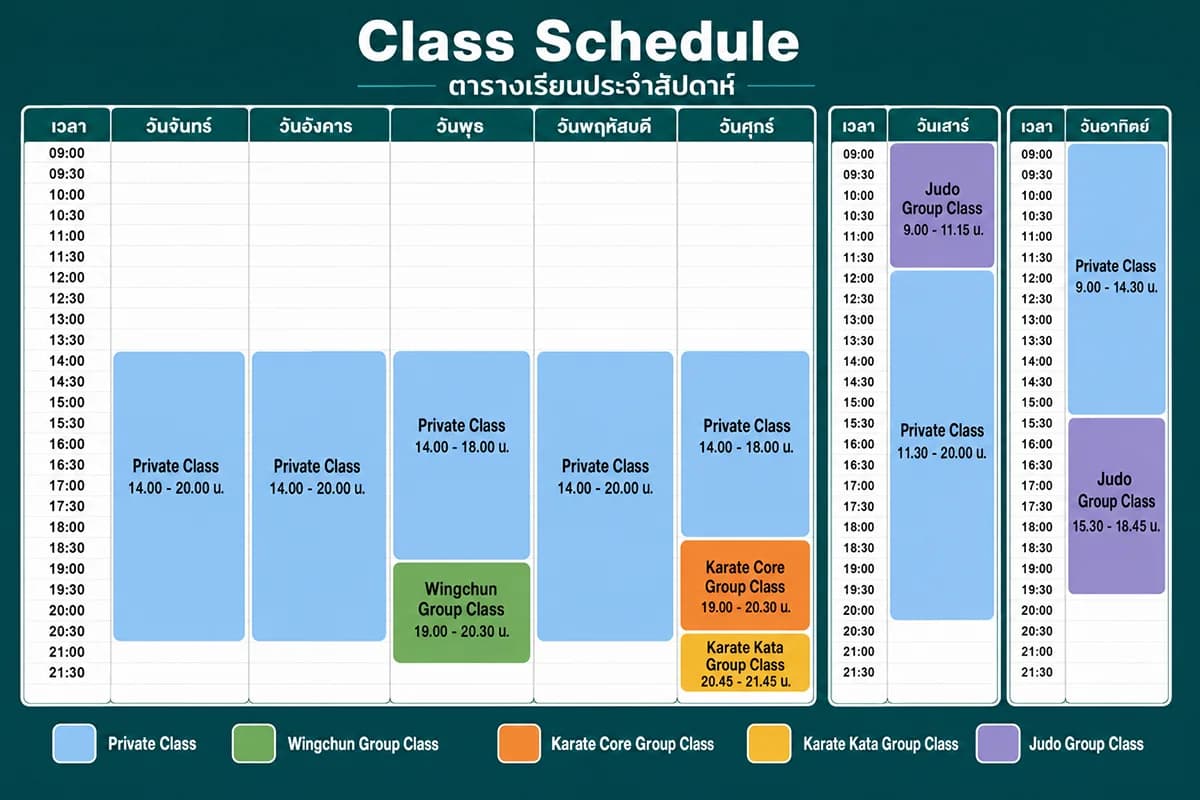ตารางเรียนประจำสัปดาห์ IMAC Dojo คาราเต้ ยูโด มวยหย่งชุน และ Private Class สาขาลาดพร้าว 101