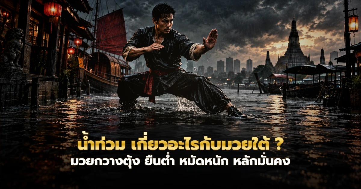 ภาพประกอบ น้ำท่วม เกี่ยวอะไรกับมวยใต้: ชายฝึกมวยกวางตุ้งยืนท่าม้าต่ำกลางน้ำท่วมริมแม่น้ำ มีเรือใบแดงและวัดริมน้ำเป็นฉากหลัง