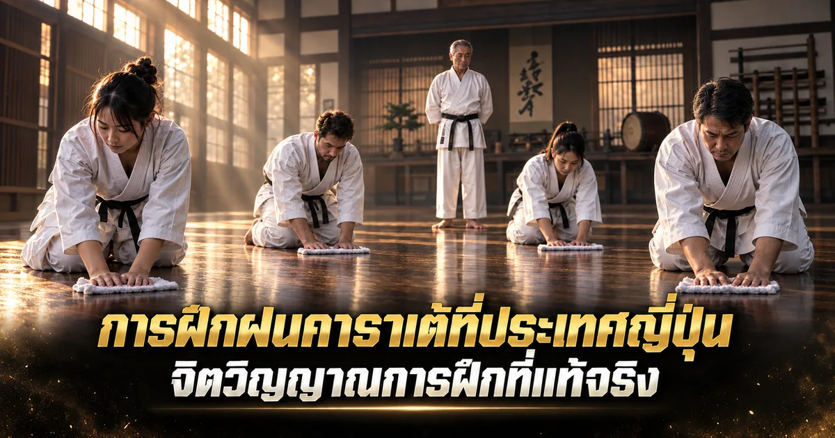 ผู้ฝึกคาราเต้สี่คนในชุดกีคุกเข่าถูพื้นไม้ของโดโจด้วยผ้า โดยมีครูยืนอยู่ด้านหลัง
