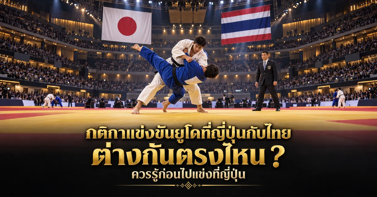 นักยูโดทุ่มคู่ต่อสู้ในการแข่งขัน มีธงญี่ปุ่นและธงไทยอยู่ด้านหลัง