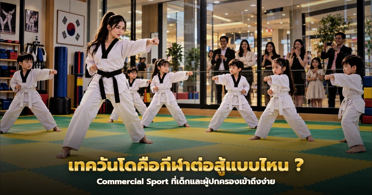 ครูสายดำนำเด็กในชุดโดโบกฝึกท่าชกบนเบาะ ในห้องเรียนเทควันโดผนังกระจกที่มีผู้ปกครองยืนดูและถ่ายรูปอยู่ด้านนอก
