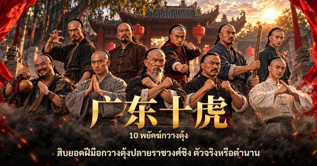 ภาพจำลองครูมวยจีนสิบคนในชุดสมัยราชวงศ์ชิงยืนรวมกันหน้าศาลเจ้า พร้อมตัวอักษร 广东十虎 และข้อความ 10 พยัคฆ์กวางตุ้ง