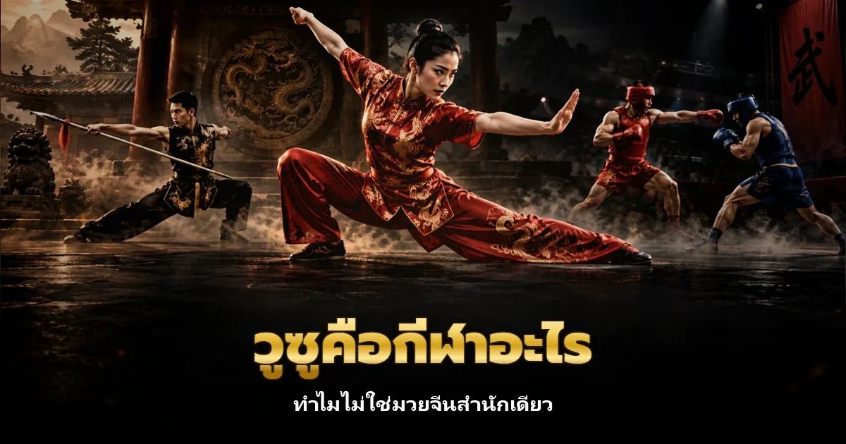 นักกีฬาหญิงชุดจีนสีแดงยืนท่าพุ่งต่ำ ด้านซ้ายนักกีฬาถือทวน ด้านขวานักกีฬาซานต่าสวมนวมและเฮดการ์ดกำลังชกกัน พร้อมข้อความวูซูคือกีฬาอะไร