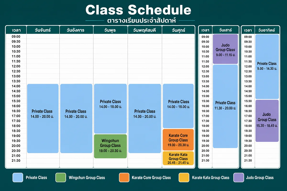 ตารางเรียนประจำสัปดาห์ IMAC Dojo คาราเต้ ยูโด มวยหย่งชุน และ Private Class สาขาลาดพร้าว 101
